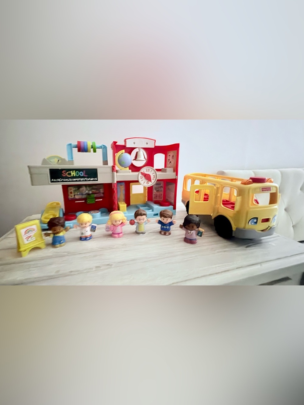 Fisher-price schoolhouse, bus, and characters